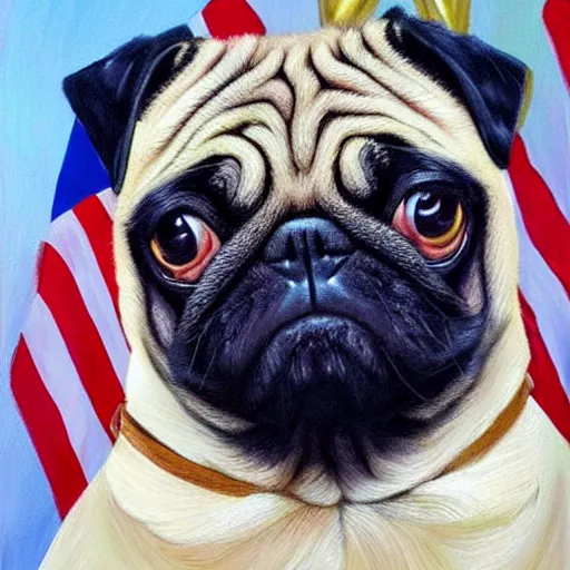 Prompt: a pug president of the usa. president of the us. in the oval. amazing painting. formal. beautiful. high resolution. highly realistic. close - up. trending on artstation