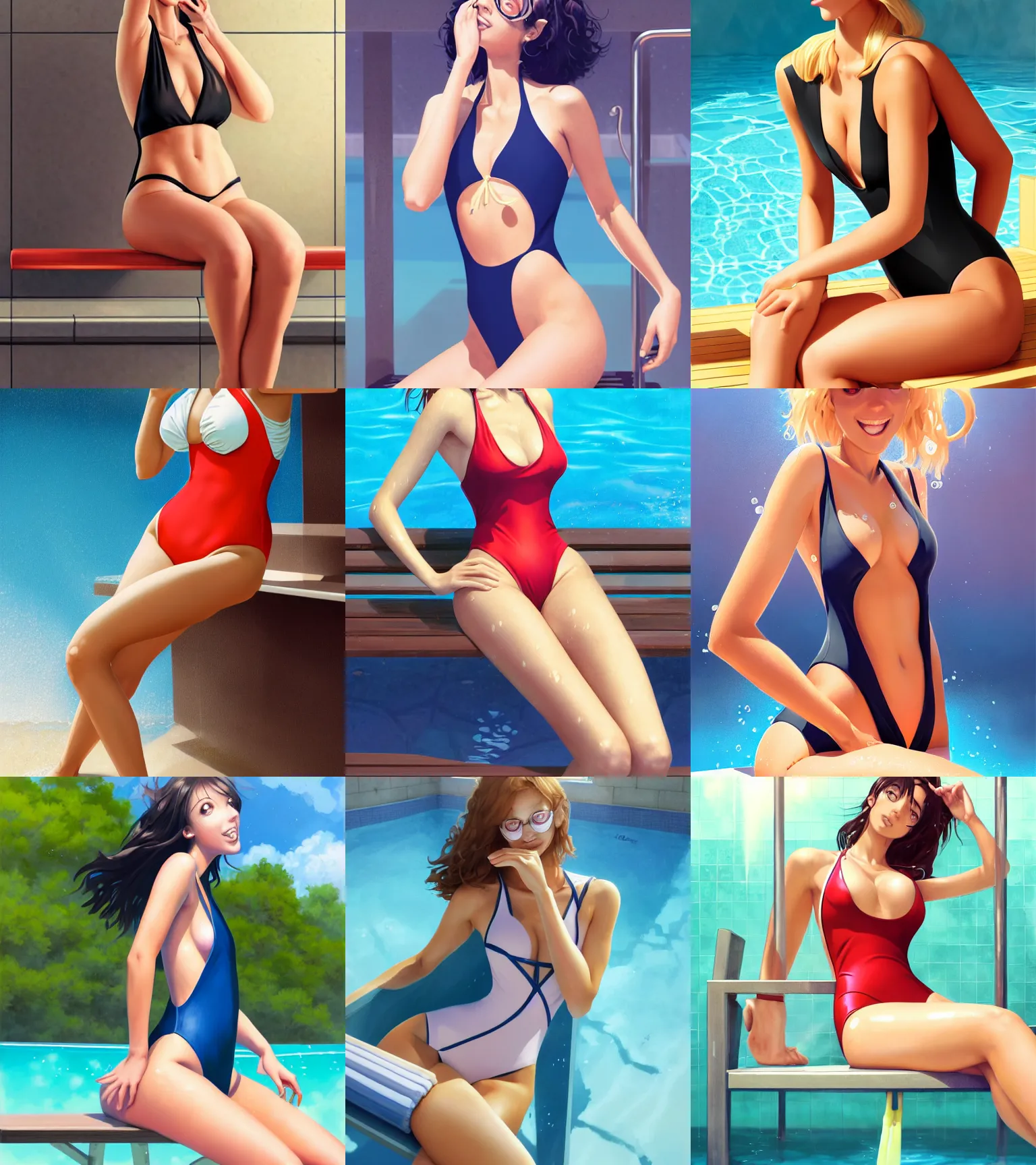 Prompt: attractive scientist girl in the closed one-piece swimsuit monokini, sitting at the bench in the pool shower, hourglass slim figure, juicy legs, thigh focus, full body shot close up, seductive smile, looking at the viewer, details, sharp focus, illustration, by Jordan Grimmer and greg rutkowski, Trending artstation, pixiv, digital Art