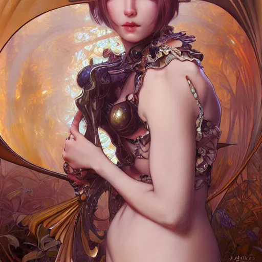 Image similar to a oil painting of a catgirl, cute, fantasy, intricate, elegant, highly detailed, centered, digital painting, artstation, concept art, smooth, sharp focus, illustration, art by artgerm and H R Giger and alphonse mucha