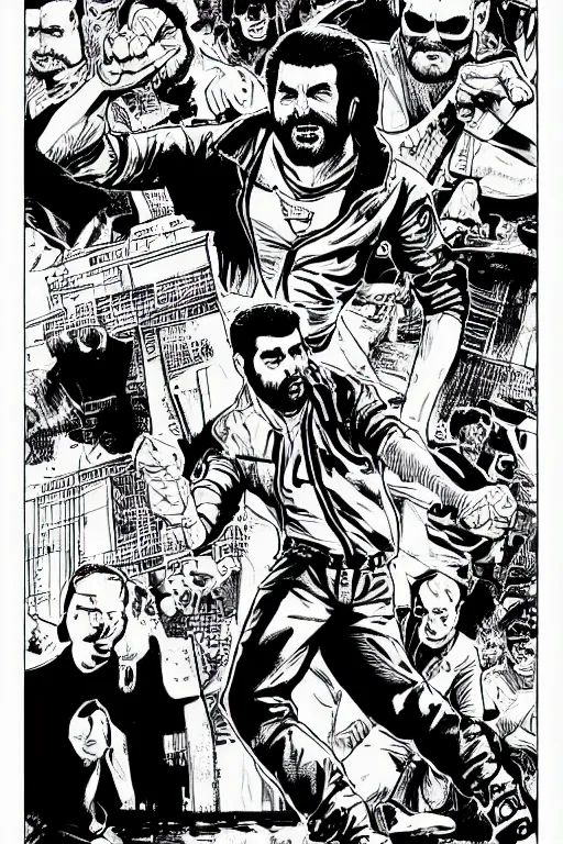 Image similar to billy mays action pose, a page from cyberpunk 2 0 2 0, style of paolo parente, style of mike jackson, adam smasher, johnny silverhand, 1 9 9 0 s comic book style, white background, ink drawing, black and white, colouring pages