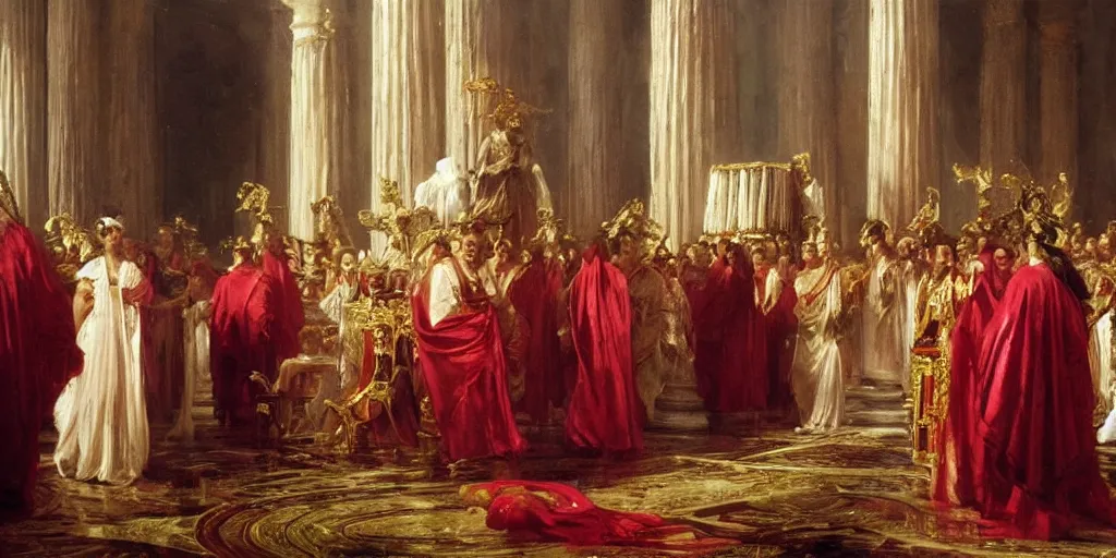 Image similar to beautiful oil painting, steve buscemi in royal crimson robes enthroned as the god emperor of ancient rome surrounded by servants in gilded halls a golden wreath upon his head, by anders zorn, wonderful masterpiece by greg rutkowski, beautiful cinematic light, american romanticism, by thomas lawrence, greg rutkowski