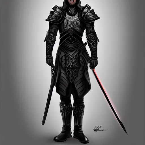 Prompt: portrait of a man in black ceremonial armor with a glowing black laser sword, D&D, fantasy, elegant, hopeful, muscular, highly detailed, digital painting, artstation, concept art, smooth, sharp focus, illustration