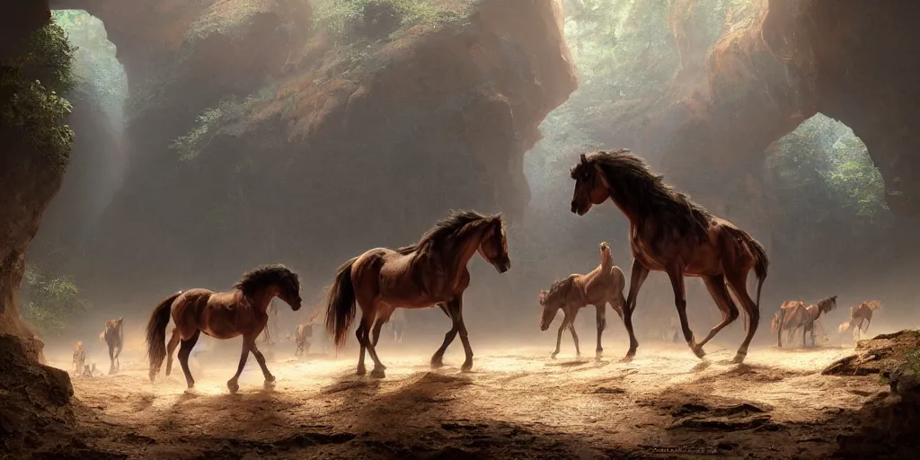 Prompt: of brown horses in a low light lit cave hurdled in a group, highly detailed, intricate, digital painting, trending on artstation, concept art, matte painting, art by greg rutkwowski, craig mullins, octane render, 8 k, unreal engine