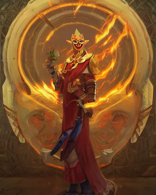 Image similar to happy mask salesman from zelda, full body photo, flames everywhere, highly detailed, digital painting, artstation, concept art, smooth, sharp focus, illustration, art by artgerm and greg rutkowski and alphonse mucha