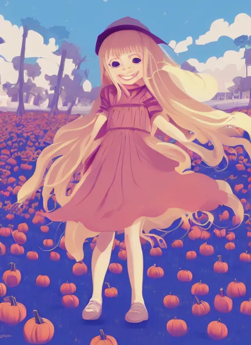 Image similar to little girl with long blonde hair happy at the pumpkin patch. clean cel shaded vector art. shutterstock. behance hd by lois van baarle, artgerm, helen huang, by makoto shinkai and ilya kuvshinov, rossdraws, illustration, art by ilya kuvshinov