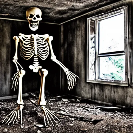 Image similar to a skeleton monster in an old abandoned house