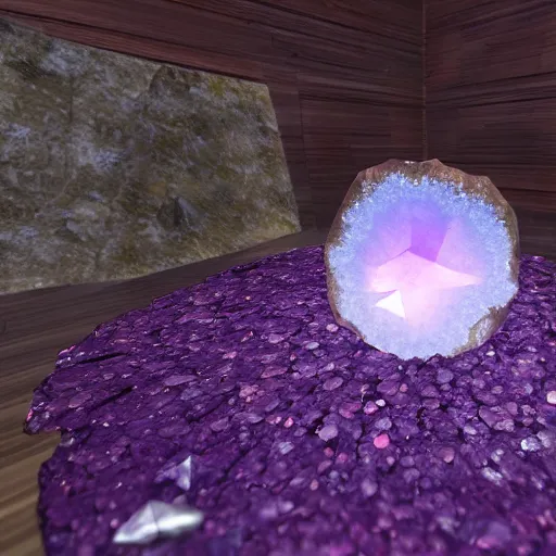 Prompt: open geode with crystals that reflects a multiverse, photorealism, unreal engine