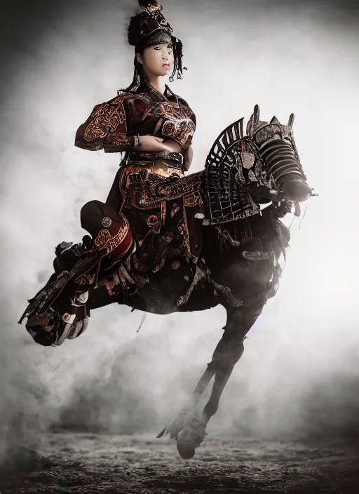 Image similar to old vintage photo of full body Chinese ancient warrior female on the complex steam punk hooverboard with Jet engine, extreme sports photography , dynamic photography,clean symmetrical face, high speed,dirt and grawel flying in the spot, lens flares, dust in the air, dramatic lighting, intricate, highly detailed, centered, smooth, sharp focus, sports photography, old photo, black and white, sepia, cinematic lighting, cinematic angle, national geographic