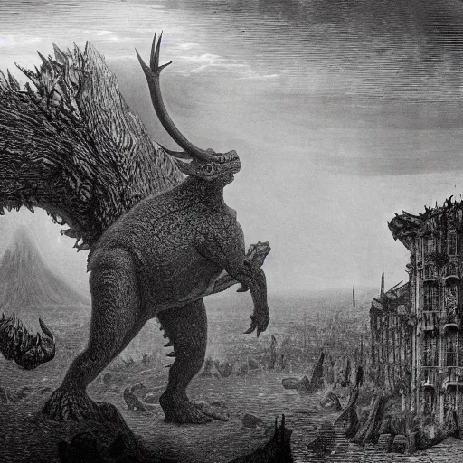 Image similar to godzilla sized deer demolish city, gustave dore