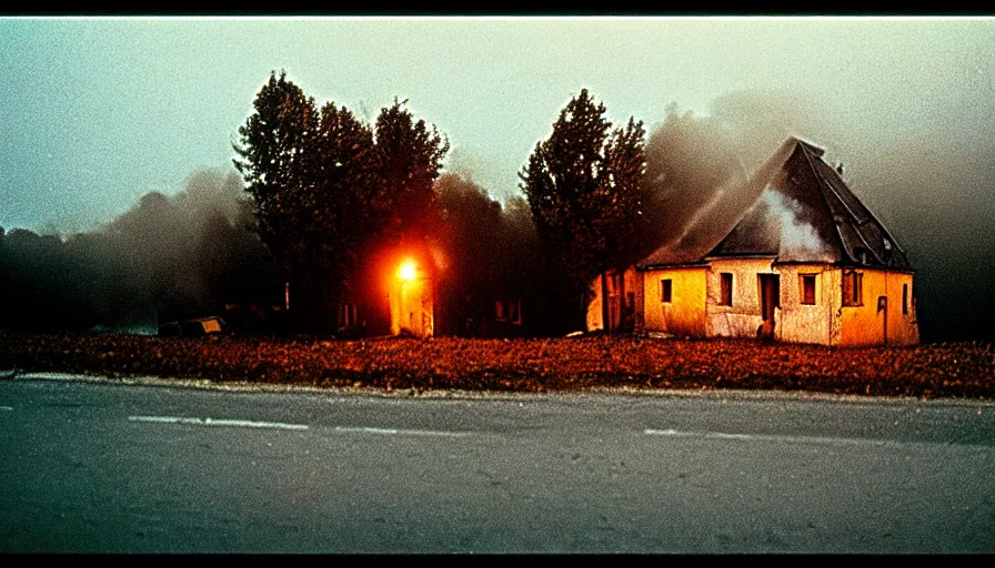 Prompt: 1 9 7 0 s movie still by andrei tarkovsky of a heavy burning french style little house in a small northern french village by night in autumn, cinestill 8 0 0 t 3 5 mm, heavy grain, high quality, high detail, dramatic light, anamorphic, flares