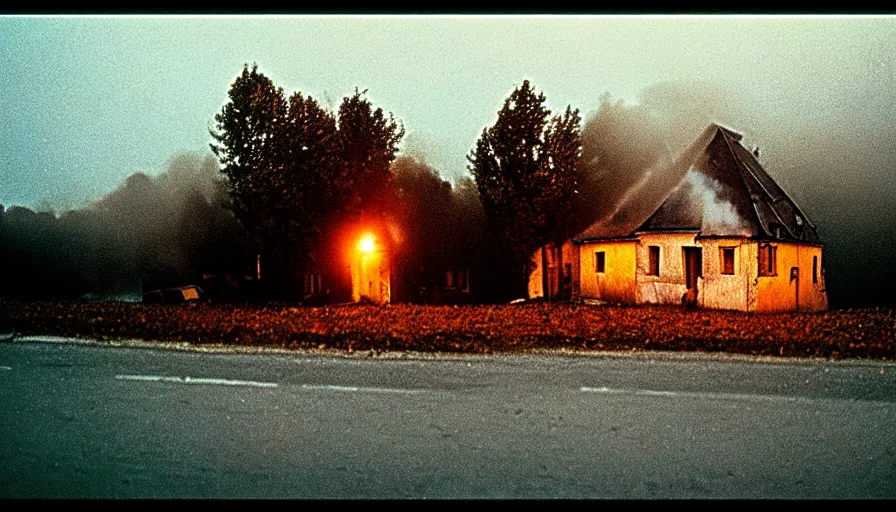 Image similar to 1 9 7 0 s movie still by andrei tarkovsky of a heavy burning french style little house in a small northern french village by night in autumn, cinestill 8 0 0 t 3 5 mm, heavy grain, high quality, high detail, dramatic light, anamorphic, flares