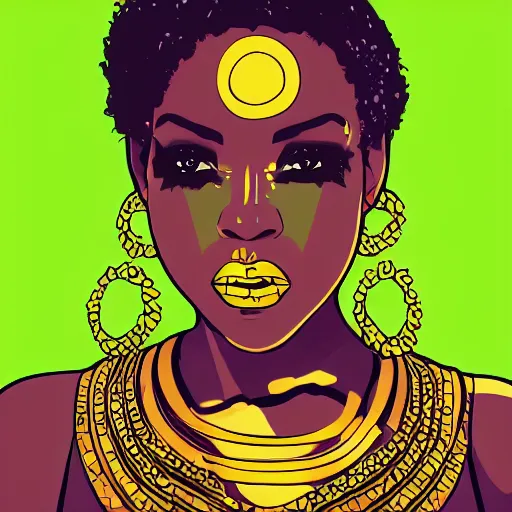 Image similar to black woman, afrofuturist, cell shaded, comic book style art, gold jewelry, simple face paint, retro, simple, 3/4 shot