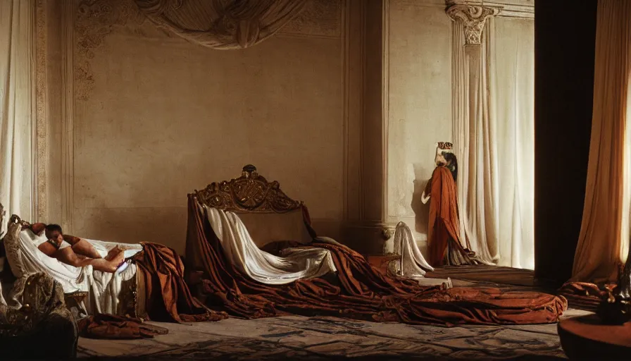 Prompt: movie still portrait of emperor marcus aurelius, skinny and ill in his bed with drapery in a ancient rome room with columns next to the ocean, cinestill 8 0 0 t 3 5 mm, high quality, heavy grain, high detail, cinematic composition, dramatic light, anamorphic, hyperrealistic