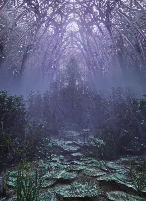 Image similar to mycelium growing into a cathedral in magical forest, 3 d render in octane, glossy, fractals, beautiful lighting, fog, depth, under water, ernst haeckel
