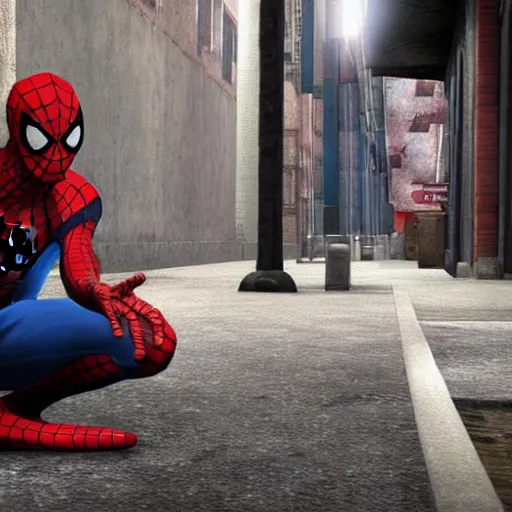 Image similar to Spiderman as a heroin addict street bum, ps5, cinematic