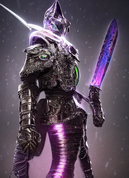 Prompt: Super realistic 8K render of a dark hooded powerful elegant elite feline warrior wearing iridescent armor coated in complex circuitry and motherboards and microchips and brandishing a celestial sword, extremely detailed, iridescent, high quality, epic, futuristic, octane render, beautiful, shimmering, deity
