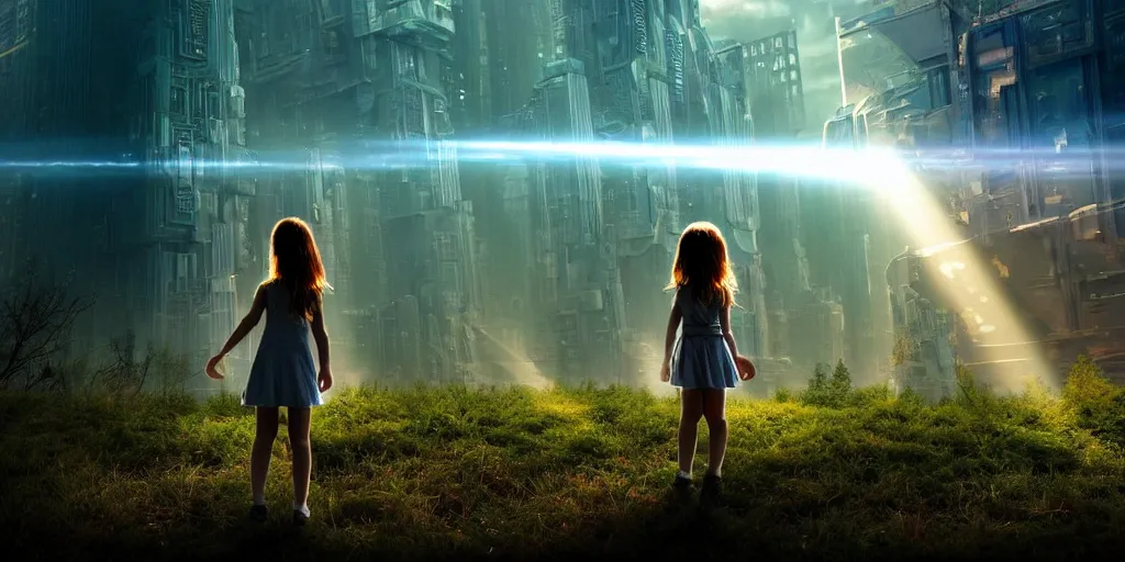 Prompt: sci - fi scene future new york, little girl by herself in the city holding onto the outstretched hand of a giant robot, forest punk, little girl meets robot, crepuscular rays, epic scene, hyper realistic, photo realistic, overgrowth, cinematic atmosphere, ethereal lighting,