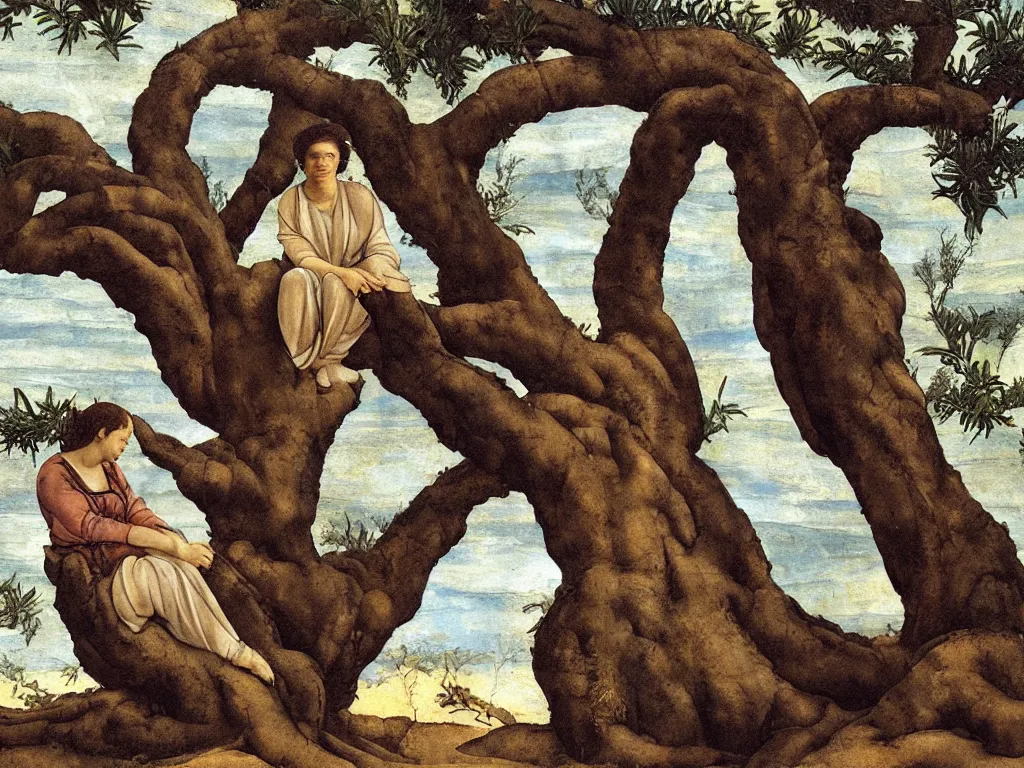Prompt: Woman sitting in a very old olive tree. Painting by Michelangelo