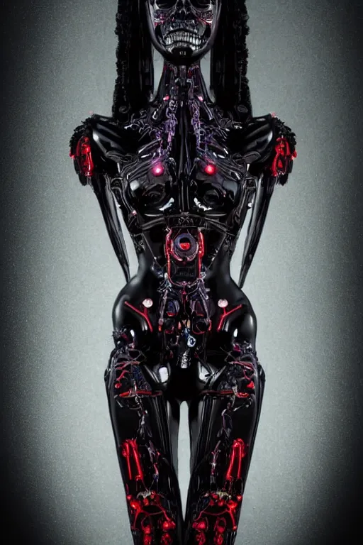 Image similar to full-body cyberpunk style sculpture of a young beautiful dark priestess, half android with a head opening exposing circuitry, glowing red eyes, black roses, flowing blood-red colored silk, fabric, candles. baroque elements, human skull, full-length view. baroque element. intricate artwork by Caravaggio. crows flying in background. Trending on artstation, octane render, cinematic lighting from the right, hyper realism, octane render, 8k, depth of field, 3D