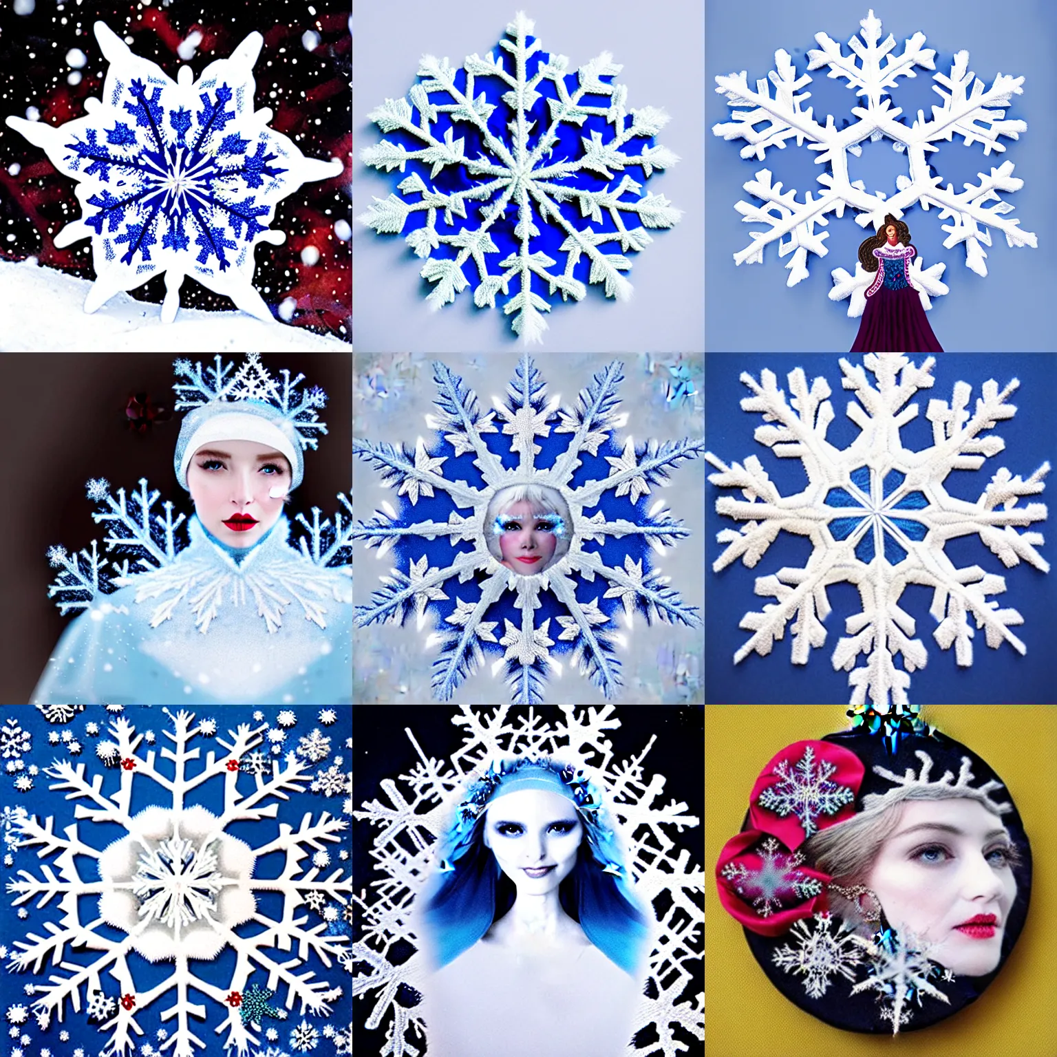 Prompt: surreal photography silk snowflake with embroidered snow queen face