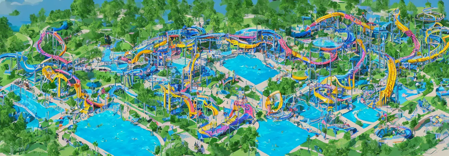 Prompt: waterpark world; happy vibes; axonometric, simplified with less slides