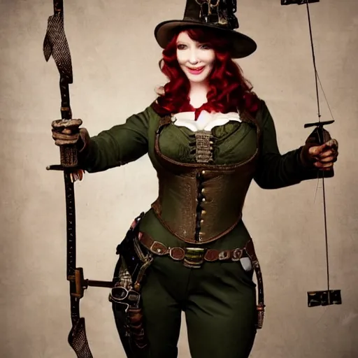 Image similar to full body photo of christina hendricks as a steampunk archer