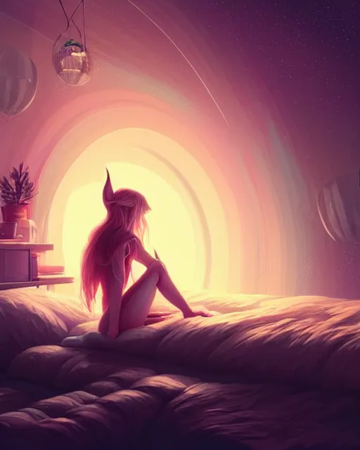 Image similar to beautiful painting of elven sitting on her bed, art by mike winkelmann and by petros afshar, sky night, illustration, highly detailed, simple, smooth and clean vector curves, no jagged lines, vector art, smooth, artstation