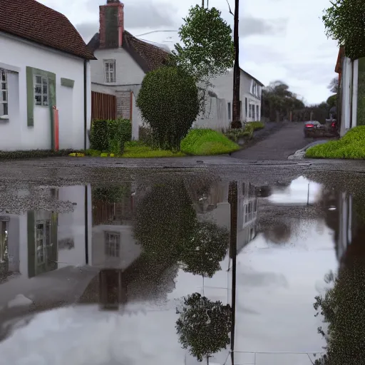 Image similar to still photo of rain puddles and reflections in a village, cloudy weather, highly detailed, photorealistic shot, bright studio setting, studio lighting, crisp quality and light reflections, unreal engine 5 quality render