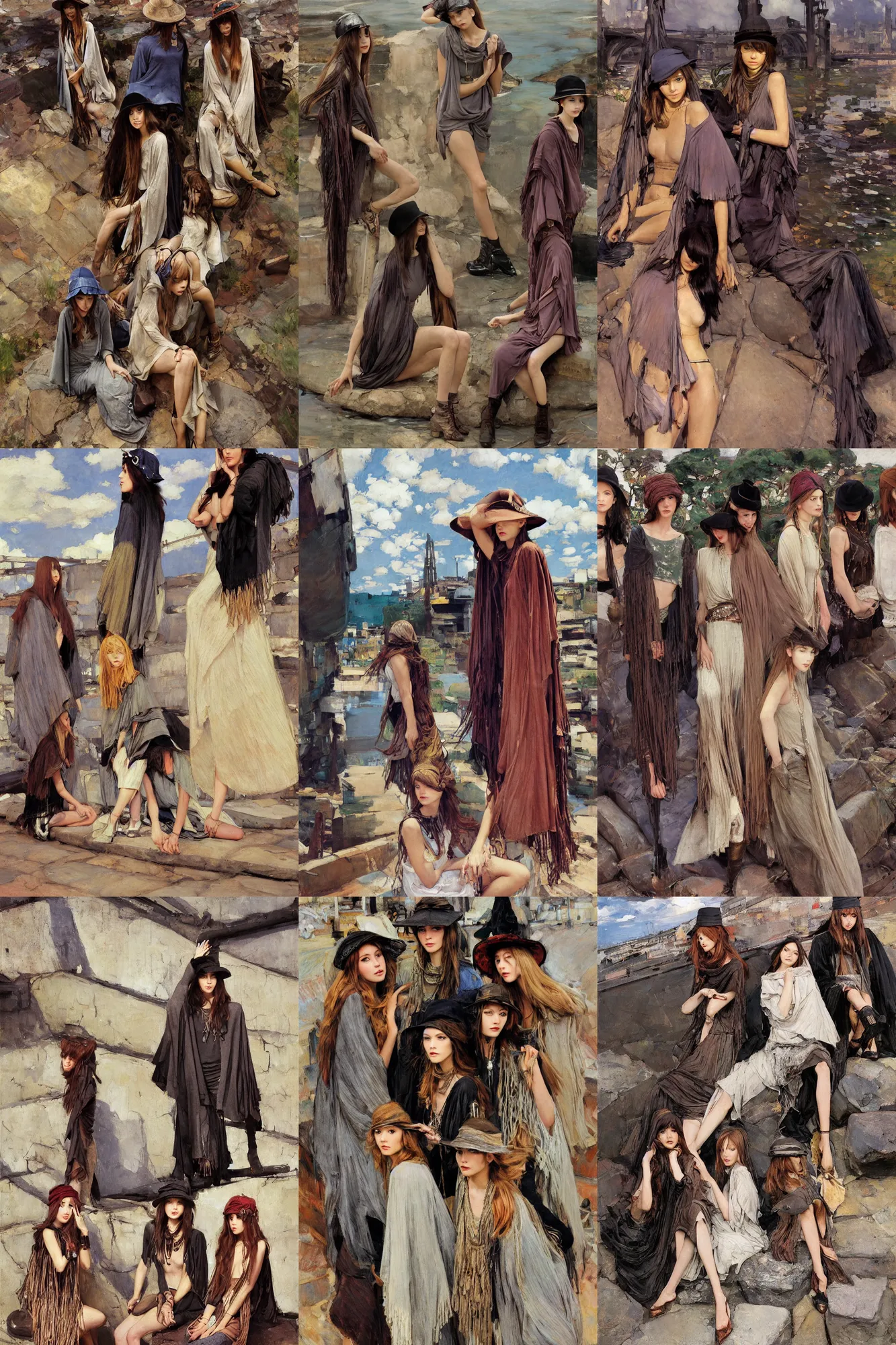 Prompt: dramatic light, industrial rusty pipes, simple form, brutal shapes, portrait of group of fashionable young womans wearing rich jewerly hat and boho poncho, pixiv, lying pose on stones, 1970s fashion, anime, studio ghiblil, thunder clouds in the sky, artwork by Joaquin Sorolla and john william waterhouse and Denis Sarazhin and James Jean and klimt and rhads and van gogh and Dean Ellis and Detmold Charles Maurice