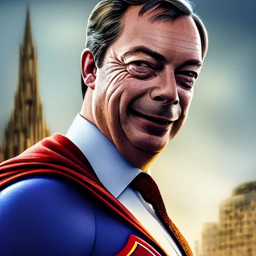 Image similar to Portrait of Nigel Farage as superman, heroic, amazing splashscreen artwork, splash art, head slightly tilted, natural light, elegant, intricate, fantasy, atmospheric lighting, cinematic, matte painting, detailed face, by Greg rutkowski