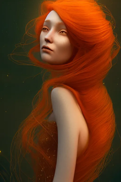 Image similar to Bioluminescent, portrait of redhead woman, very intricate , very elegant, in the golden hour by Daniel Merriam, Trending on Artstation, oil on Canvas by Elena Zhurikhina and Goro Fujita and Charlie Bowater, octane render, 4k, 8k, HD