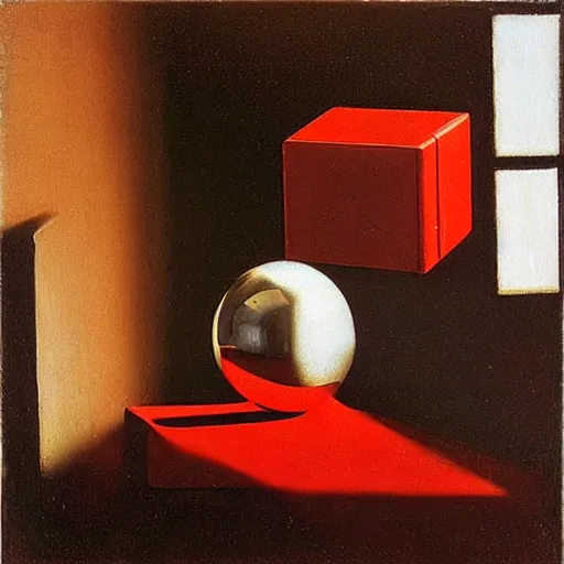 Prompt: chrome spheres on a red cube by vermeer