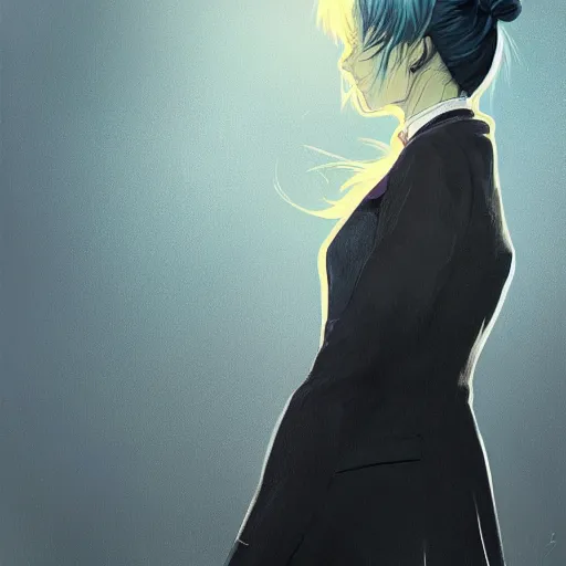 Prompt: low - angle shot from behind of a long blue - haired girl in a tailcoat overlooking the void, combat boots, noir, screenshot, sharp focus, intricate, illustration, cell shaded, digital painting, highly detailed, straight hair, art by ilya kuvshinov, wlop, greg rutkowski, studio quality, james jean
