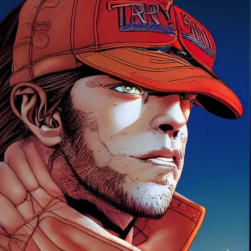 Image similar to portrait closeup of crazy terry bogard, symmetrical, cinematic colors, by yoichi hatakenaka, masamune shirow, josan gonzales and dan mumford, ayami kojima, takato yamamoto, barclay shaw, karol bak, yukito kishiro