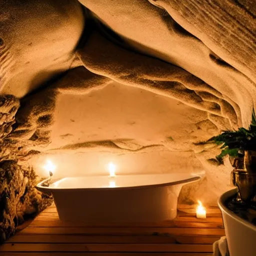 Prompt: cozy bathhouse hidden in a cave, candlelight, low ceiling, towels, cushions, natural light, lush plants and flowers, elegant, intricate, fantasy, atmospheric lighting,