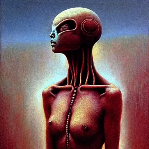 Image similar to alien woman, full body, portraiture, painted by Beksiński, oil painting, intricate details