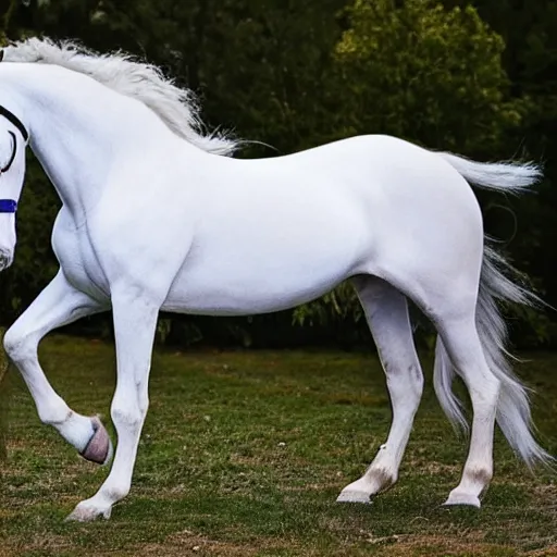 Image similar to a beautiful white realistic horse with feet like human realistic hands