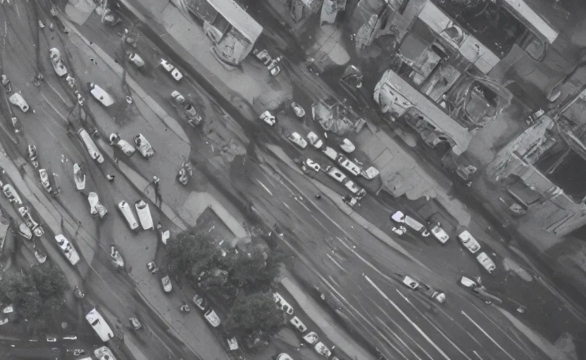Prompt: 1990s aerial photograph historic footage of a sovietic streets with pedestrians, very large aerial view from a drone, aerial view Cinestill 800t 18mm, heavy grainy picture, very detailed, high quality, 4k panoramic, rain, mud, foggy