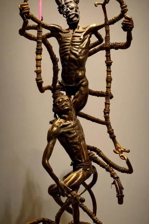Image similar to Jean-Michel Basquiat as a full-body bronze baroque statue of Icarus in the posing like a bird for flight made entirely out of pipe cleaners, crown of peach roses made out pipe cleaners, flowing pink-colored silk, colorful pipe cleaners, flowers. baroque elements, human skull. full-length view. baroque element. intricate artwork by caravaggio. many many birds birds on background. Trending on artstation, octane render, cinematic lighting from the right, hyper realism, octane render, 8k, depth of field, 3D