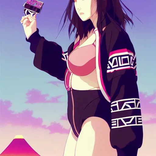 Image similar to a beautiful plus sized model japanese natalie portman, alluring, wearing oversized mayan bomber jacket and leotard with overalls, bulky poofy bomber jacket with mayan patterns, aztec street fashion, gapmoe yandere grimdark, trending on pixiv fanbox, painted by greg rutkowski makoto shinkai takashi takeuchi studio ghibli, akihiko yoshida