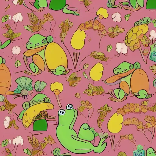 Image similar to repeating pattern of illustrations of cute frogs and mushrooms, woodland autumnal aesthetic, in the style of moebius and studio ghibli