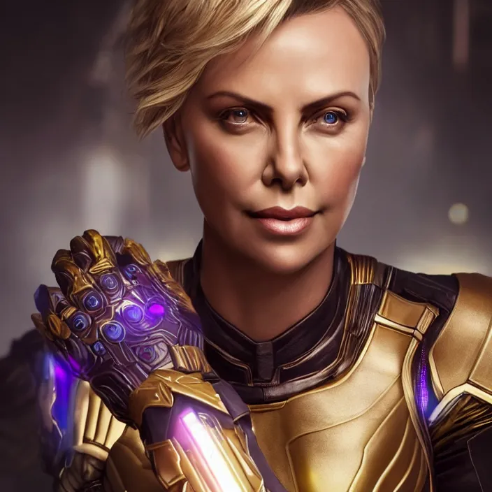 Prompt: portrait of (Charlize Theron), wearing The Infinity Gauntlet. intricate artwork. high detail, HD, octane render, trending on artstation, very coherent symmetrical artwork. avengers. thanos. cinematic, hyper realism, high detail, octane render, 8k, iridescent accents