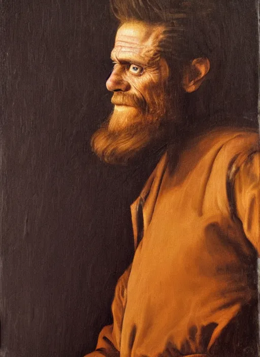Prompt: flattering regal painting of bearded willem dafoe, renaissance oil painting, studious chiaroscuro