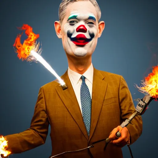 Image similar to photo of Jerome Powell with whiteface clown makeup using a flamethrower projecting a long flame