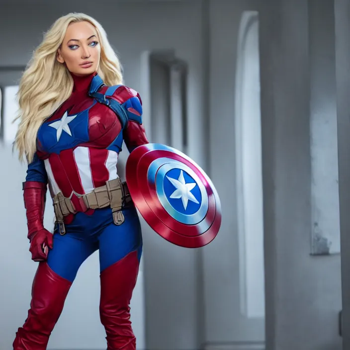 Prompt: movie still of lindsey pelas as captain america, directed by scott snyder, 4 k hd, oscar winning, high detail