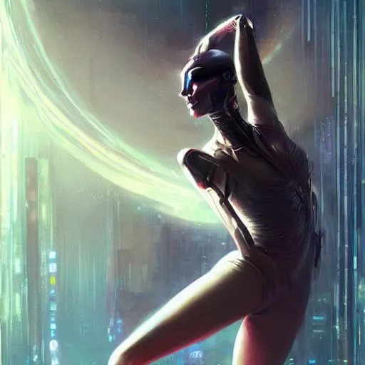 Image similar to beautiful illustration of a cyberpunk android ballerina, painting by Raymond Swanland, sci-fi cybernetics, art deco, synthwave hq