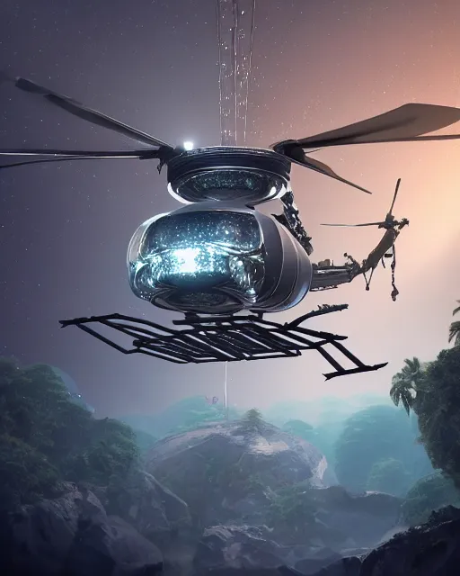 Prompt: helicopter made of diamonds, scifi, alien design, tropical forest, cinematic, detailed, sharp focus, high quality, 4 k, high detail, trending on artstation