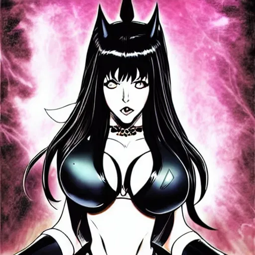 Image similar to Elvira in a dark comic book, the dark goddess summons evil, manga style artwork