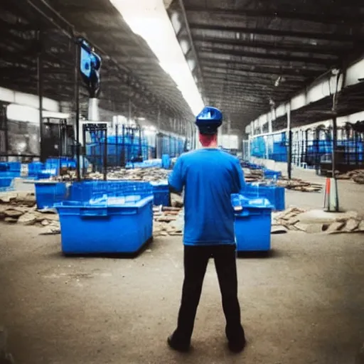 Image similar to a polaroid photo of man doing sort things into sort machines in warehouse, he's wearing blue cloth and construction hat,, photo from behind, highly details, perfect face shape, cinematic lighting,