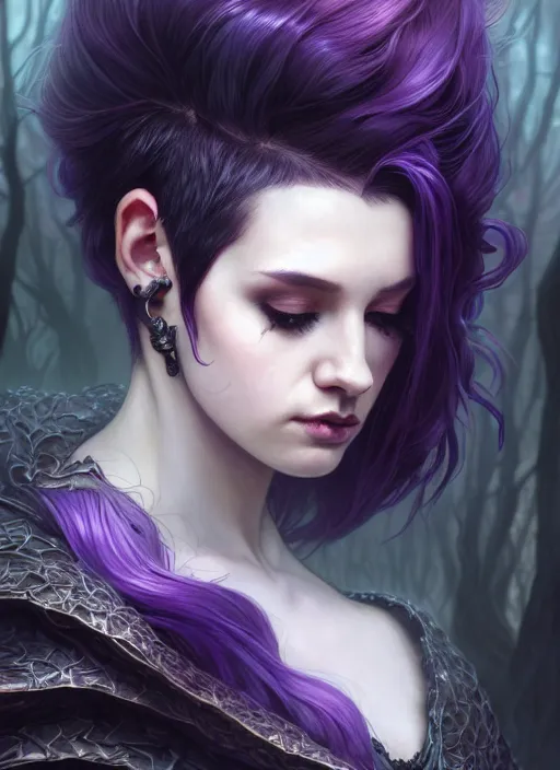 Image similar to side portrait Melanie as dark witch, adventurer outfit large cloak, fantasy forest landscape, dragon scales, fantasy magic, undercut hairstyle, short purple black fade hair, dark light night, intricate, elegant, sharp focus, illustration, highly detailed, digital painting, concept art, matte, art by WLOP and Artgerm and Greg Rutkowski and Alphonse Mucha, masterpiece
